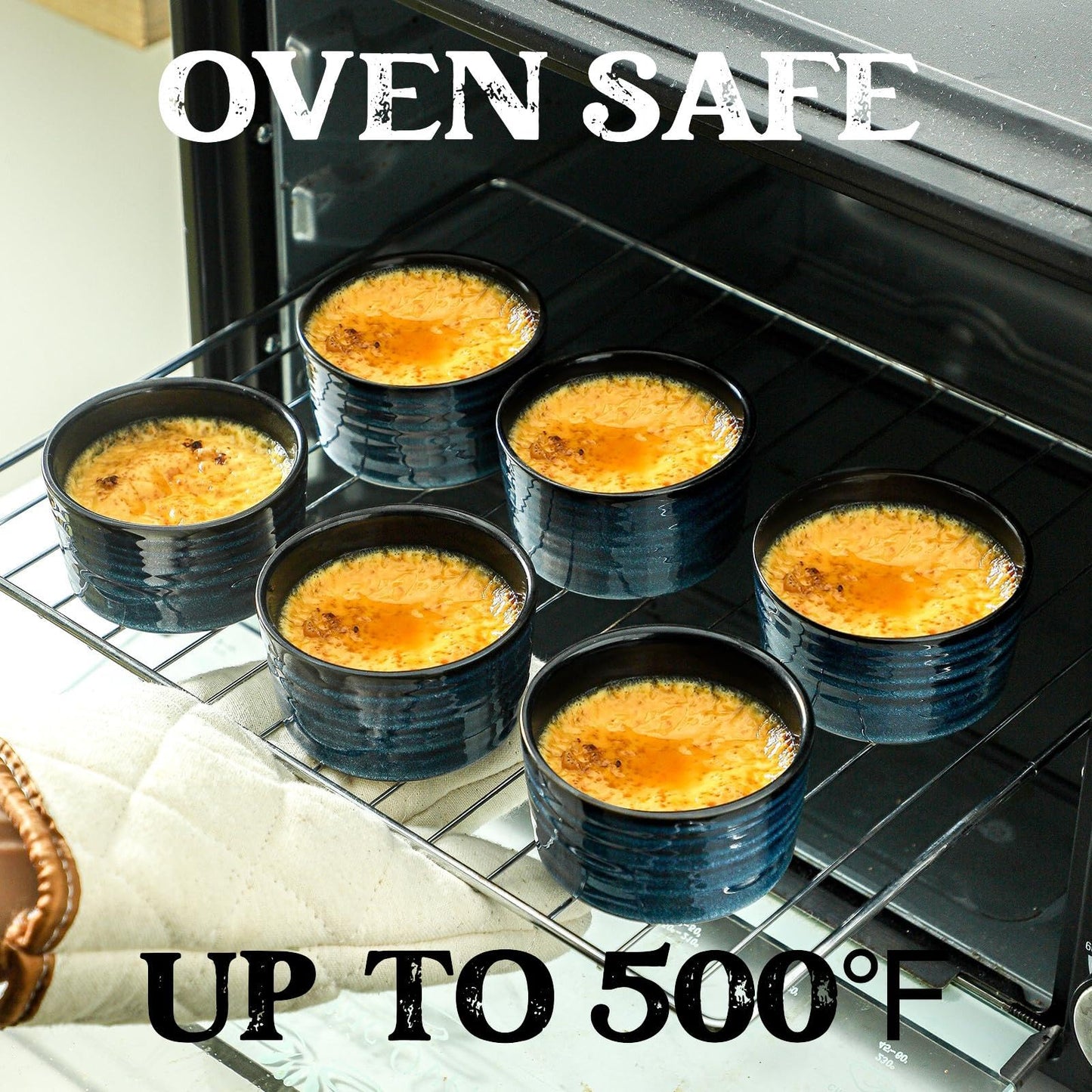 Glowworm Ceramic 4 Oz Ramekins, Dipping Sauce Bowls Set of 6, Creme Brulee Dish for Baking Pudding, Souffle, Serving Dip, Custard, Ice Cream, Oven Safe, Blue