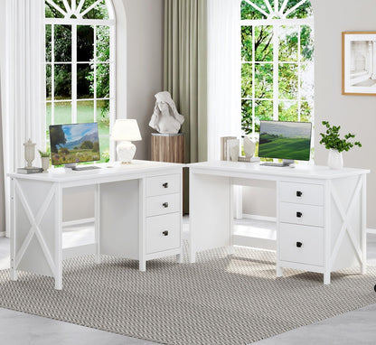 JSB 47.2'' White Computer Desk for Home Office,Farmhouse Executive Desk with 3 File Drawers,Study Writing Table Storage Cabinet,Makeup Vanity Desk for Bedroom (White, 47.2in)