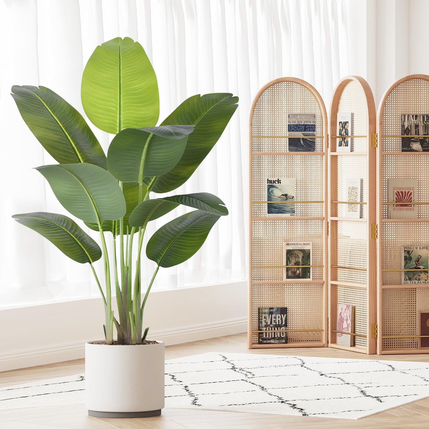 ZEEOZE Artificial Bird of Paradise Plant 4Ft Tall Fake Tropical Palm Tree Large Fake Plants with 9 Silk Banana Leaves Faux Plant Indoor Decor Trees with White Pot for Home Bedroom Living Room Office
