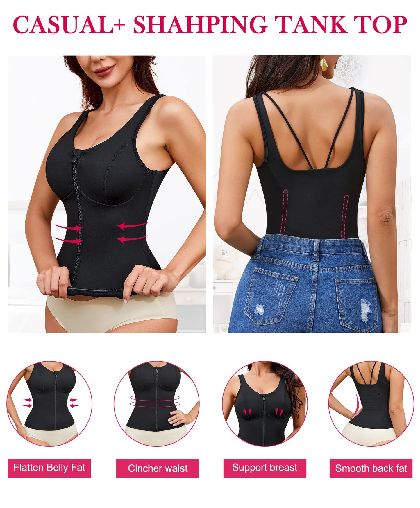 Gotoly Women's Compression Tank Tops Triple Tummy Control Workout Tops Shapewear Camisole Cami Shaper with Zipper Body Shaper(Black, Medium)