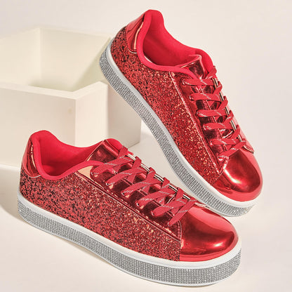 UUBARIS Women's Glitter Tennis Sneakers Neon Dressy Sparkly Sneakers Rhinestone Bling Wedding Bridal Shoes Shiny Sequin Shoes Red Size 6