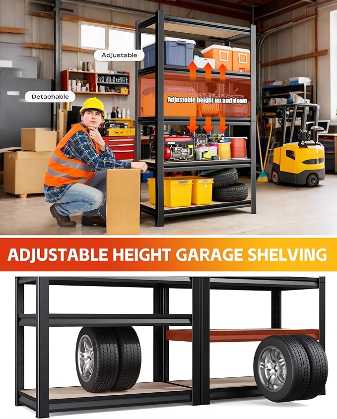 Set of 2 Garage Shelving Heavy Duty Storage Shelves, Metal Adjustable Shelving Unit, Utility Garage Organizer Shelf for Basement, Pantry, Kitchen, Warehouse, 15.7" Dx35.4 Wx71.2 H, Black