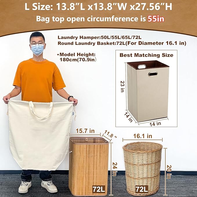 Canvas Laundry Bags with Handles & Square Base 13.8"Lx13.8"Wx27.6"H, Large