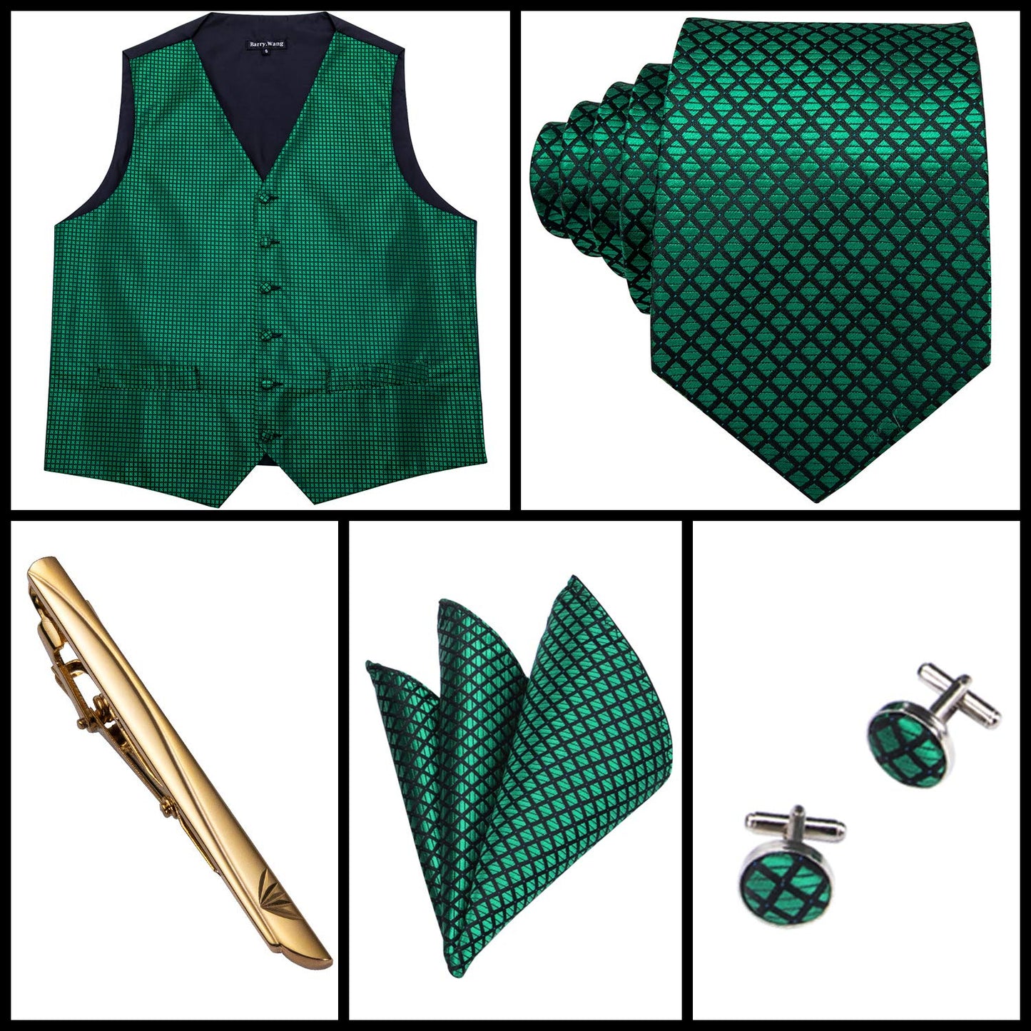 Barry.Wang Men Emerald Green Plaid Waistcoat with Tie Cufflinks Pocket Square Vest Set Wedding Christmas St. Patrick's Day