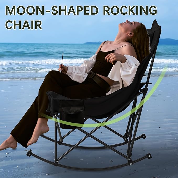 Oversized Rocking Camping Chair with Headrest & Cup Holder - 400lbs Capacity, 600D Oxford Fabric, Easy Fold Portable Outdoor Rocker Chair for Camping, Backyard, Beach, Light Gray
