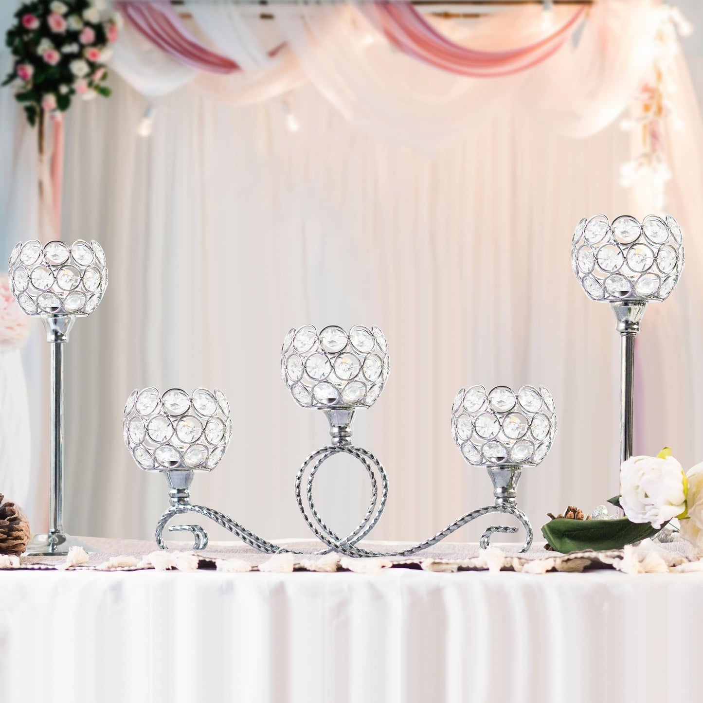 Silver Set of 6 Metal Crystal Tea Light Candle Holder, Elegant Wedding Table Centerpiece Candle Holder, Christmas Wishing Crystal Bowl Candle Holder Suitable for Wedding Party Living Room Decoration