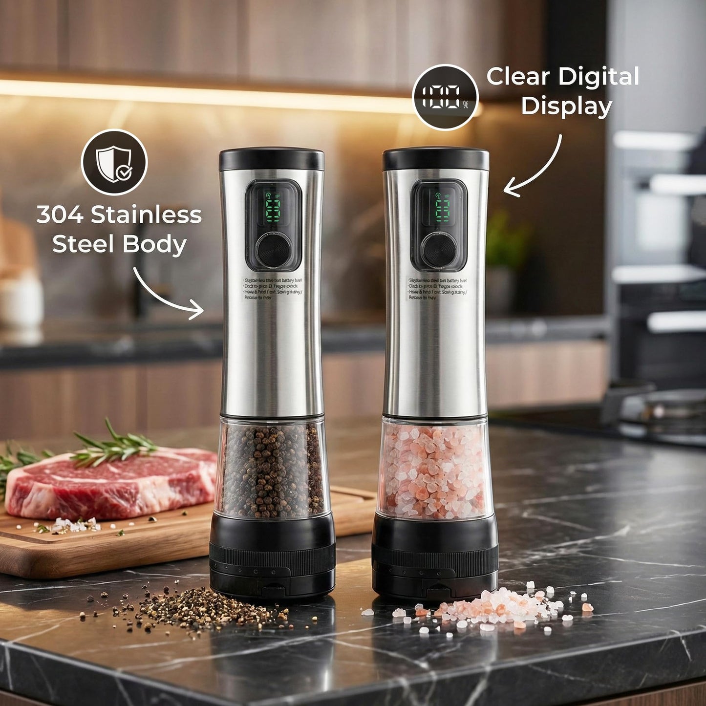 Electric Salt and Pepper Grinder Set with Rechargeable Base，Stainless Steel Automatic Refillable Electric Salt and Pepper Shakers，Large Capacity, 2-Speed Setting, LED & Adjustable Coarseness, Black
