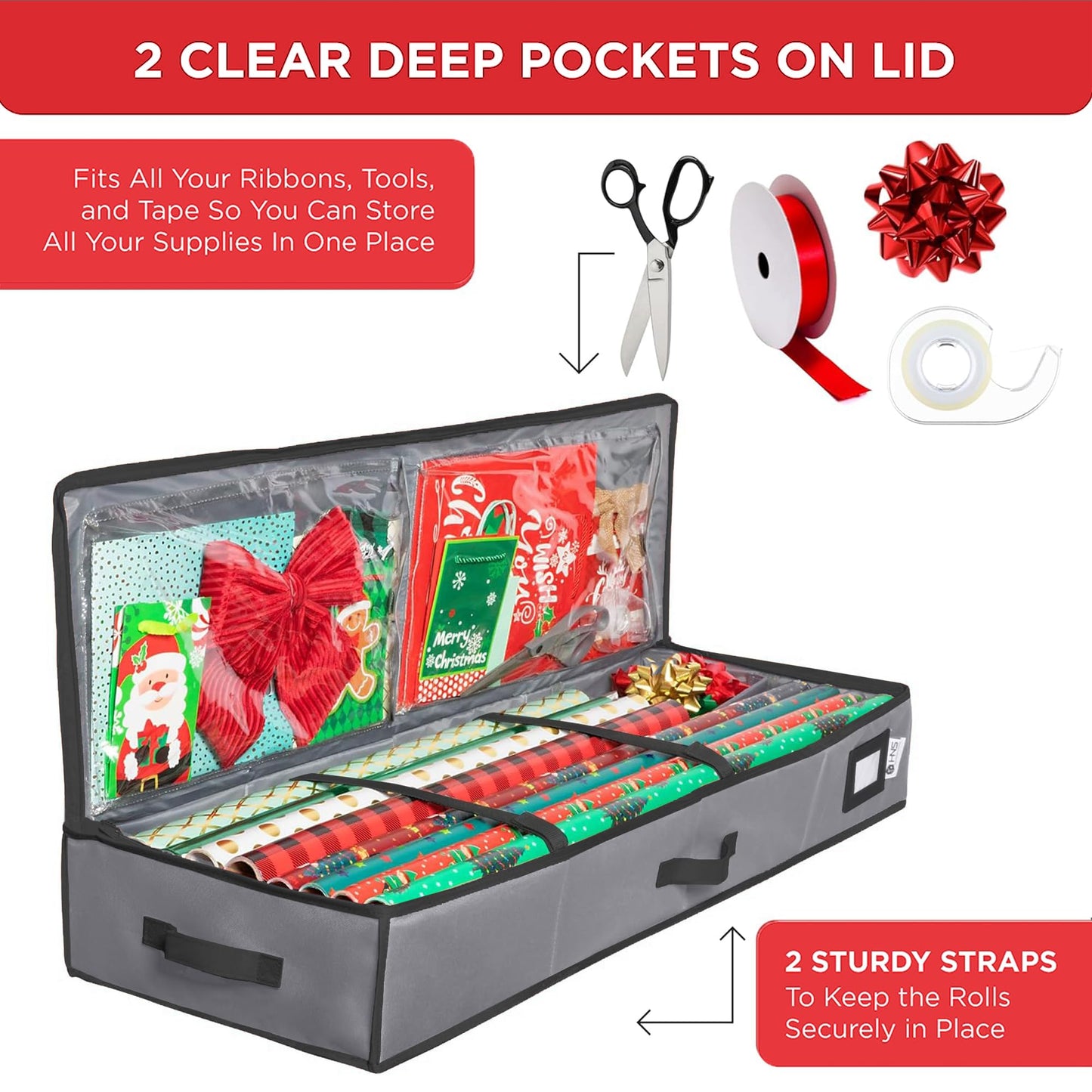 HOLDN’ STORAGE Premium Wrapping Paper Storage Container - Durable 600D Tear-Proof, Fits 27 Rolls Gift Wrap, Extra Pockets for Ribbons & Bows, Underbed Storage - Ideal for Holiday Christmas, Gray