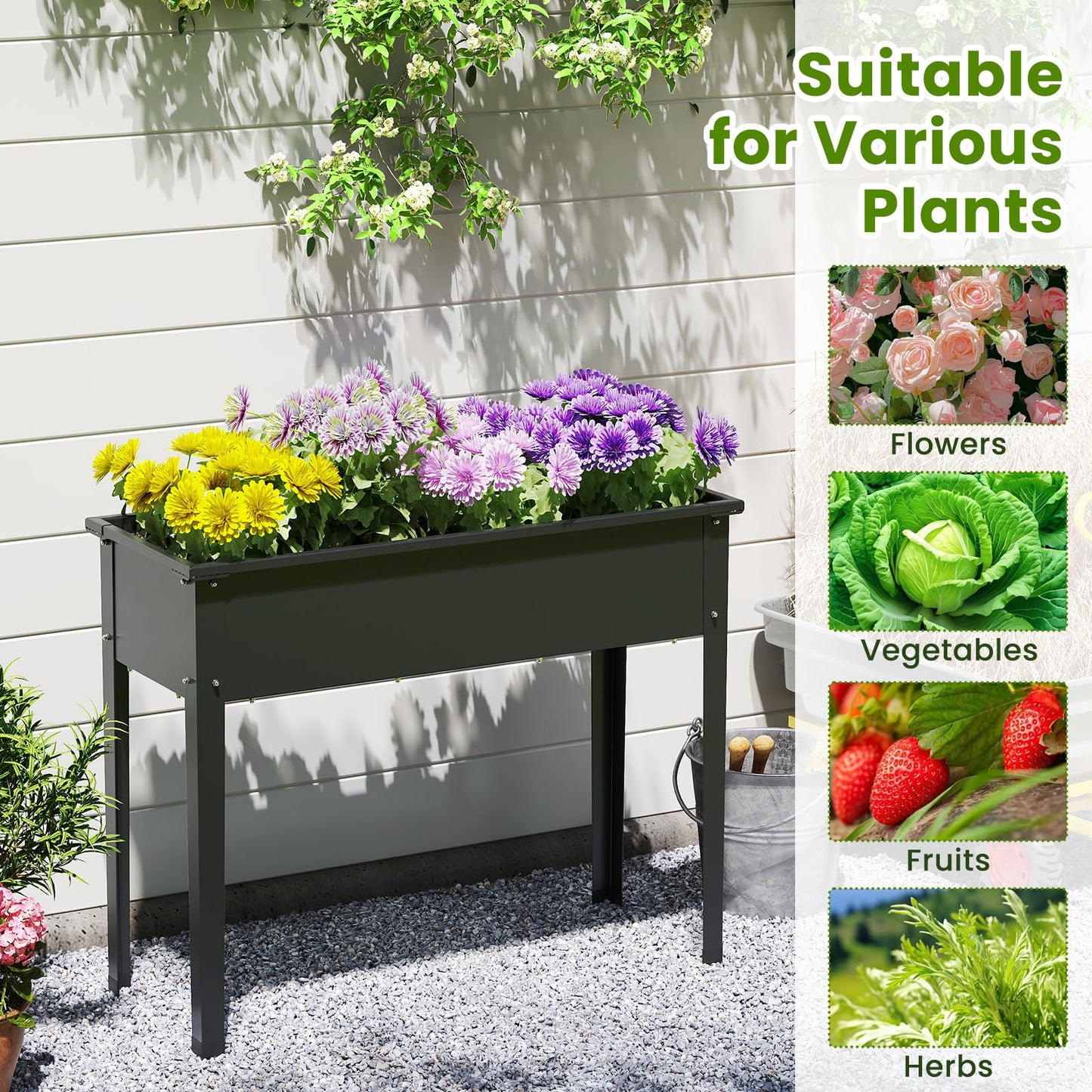 HAPPYGRILL Raised Garden Bed, Metal Elevated Planter Box w/Legs, Drainage Holes for Growing Vegetables Fruits Flowers, Indoor Outdoor Standing Plant Container for Backyard Patio (Black, 40”x16”x32”)