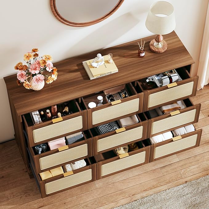 HUAHUU 9 Drawer Dresser for Bedroom, 60 Inch Long Dressers & Rattan Chest of