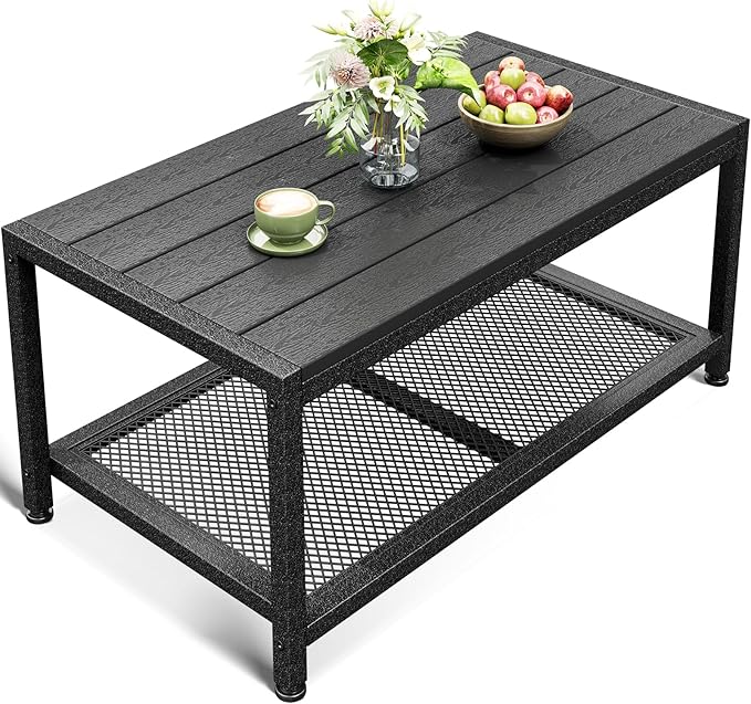 ODK Outdoor Coffee Table with Double-Layer Storage, Rectangle Weather-Resistant