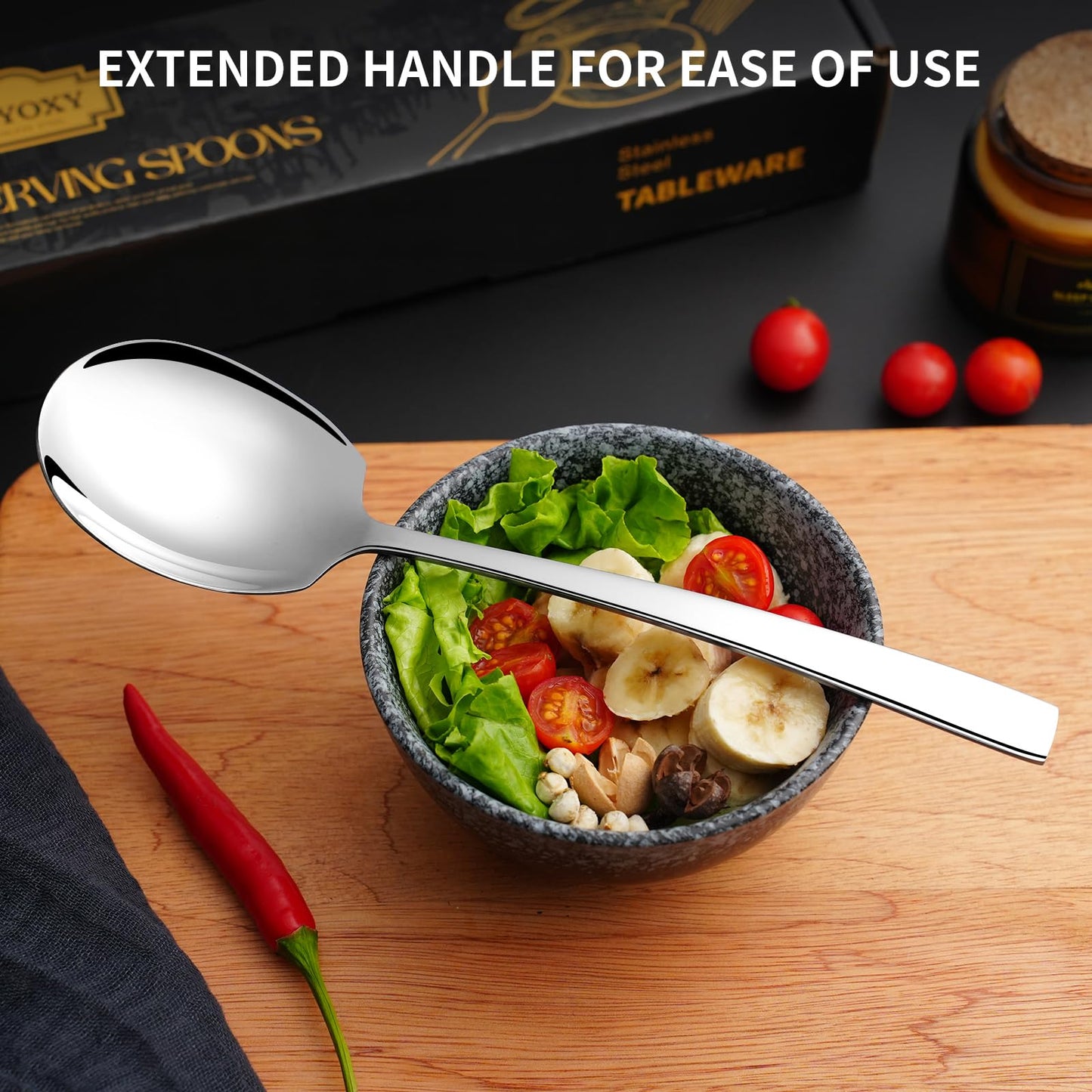 Keyoxy 4 Piece Stainless Steel Serving Spoons Set - 4 Large Spoons, 9.2-Inch, Dishwasher Safe, for Parties/Kitchen/Buffet/Catering