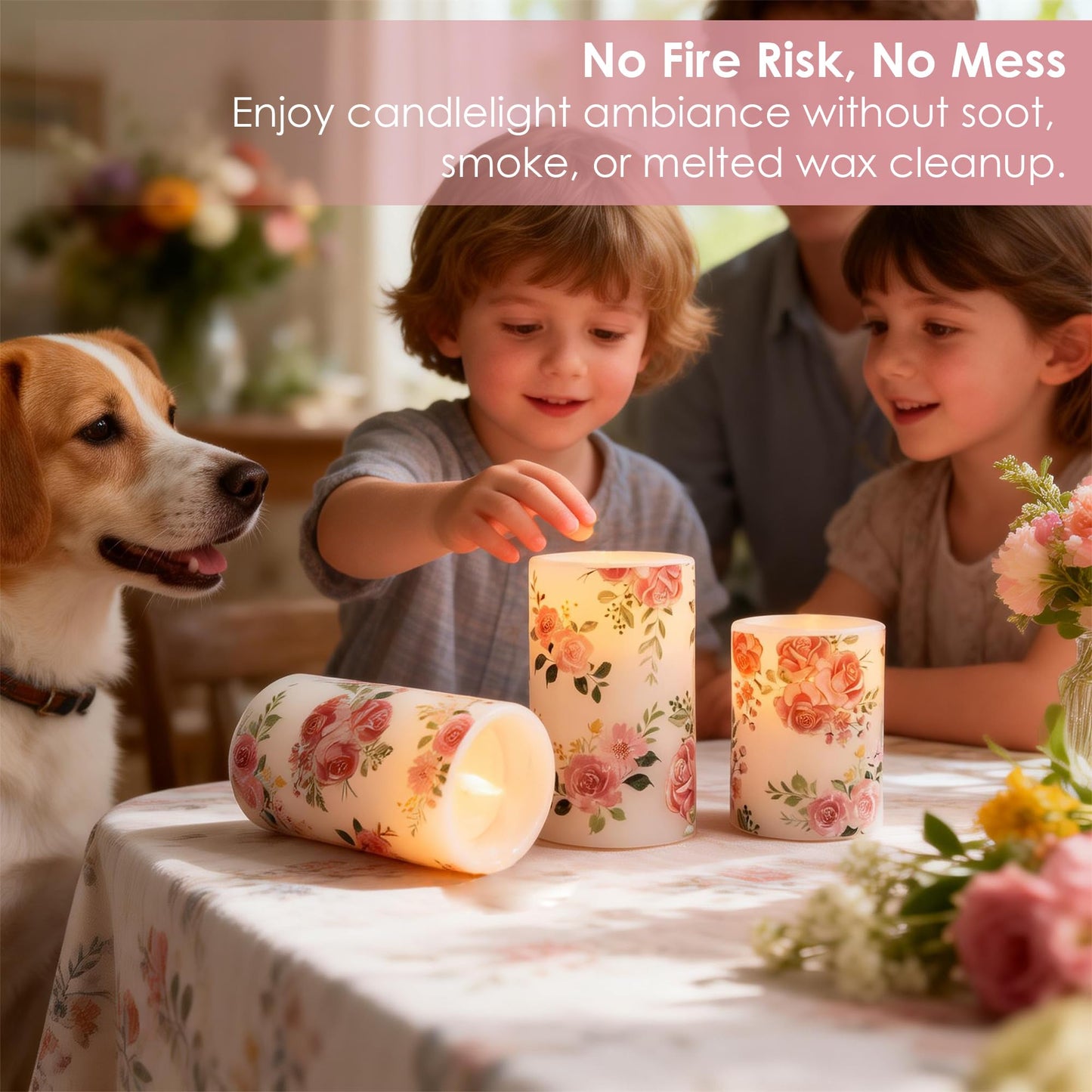 LUSHARBOR Flameless Candles with Remote, Battery Operated Candles Real Wax Pink Rose Flickering LED Candles Floral Christmas Decor Electric Pillar Candles Set of 3