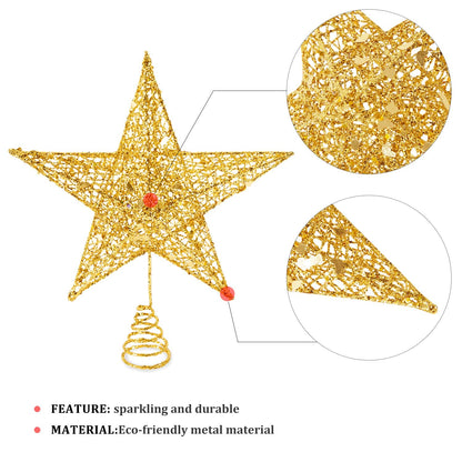Glittered Christmas Tree Topper, 8 Inch Gold Glitter Christmas Tree Ornaments Metal Hollow Star for Christmas Tree Home Decoration for Home Xmas Holiday Party