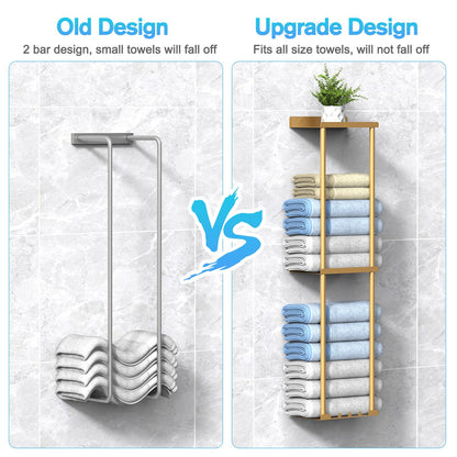 Liuoud Towel Rack for Bathroom, Wall Mounted Vertical Rolled Towel Storage Organizer Holder with Shelf, Holds Up 6 Large Bath Sheets, Gold