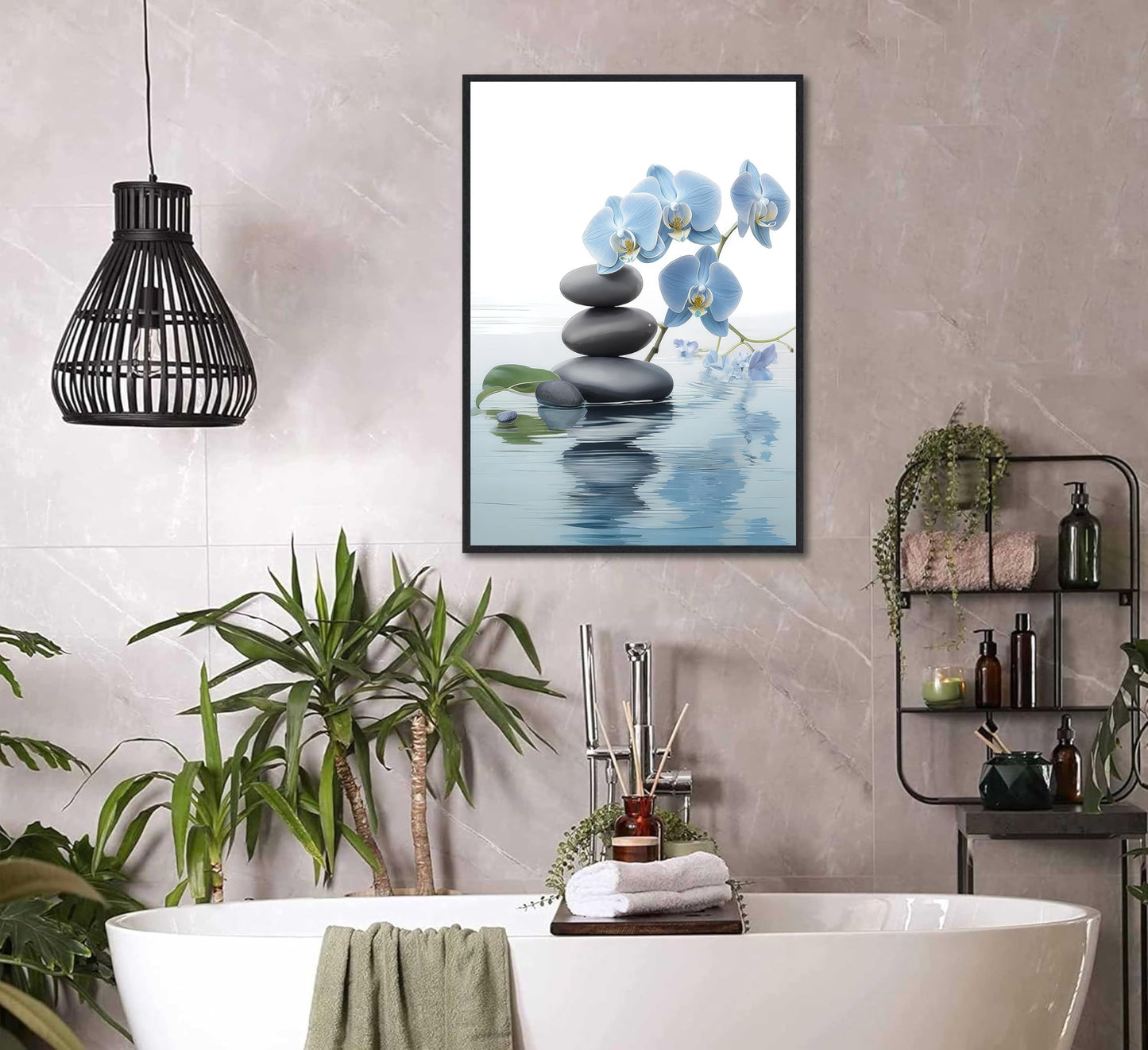 Framed Zen Canvas Wall Art Spa Stone and Elegant Blue Orchid Flower Spiritual Painting Pictures Wall Decor Poster Print Artwork for Bathroom Office Yoga Room Spa Room Meditation Room Decoration