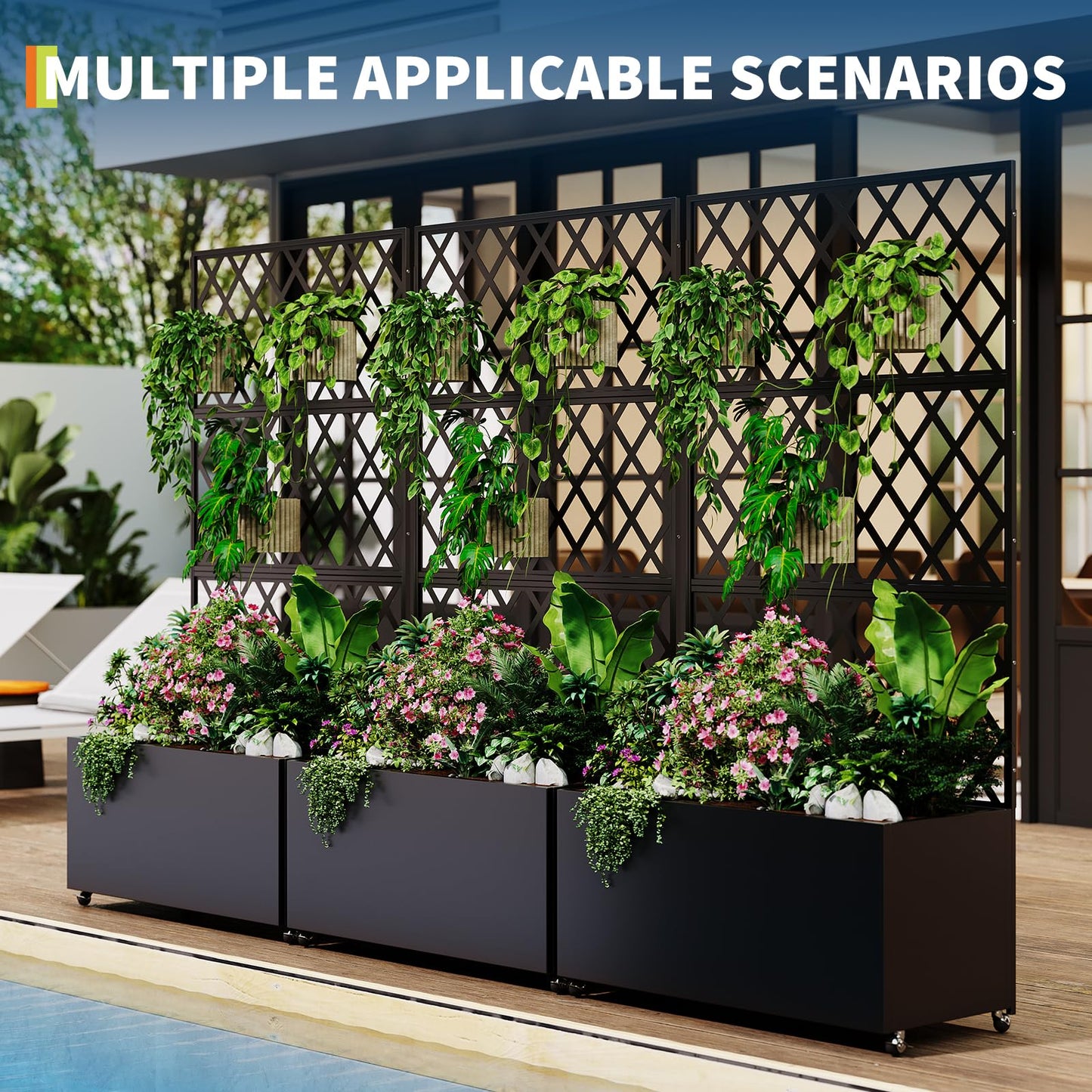 Amenitlif Galvanized Steel Raised Garden Bed with Trellis, Large Outdoor Planter Box with Lockable Casters & Drainage Holes, Privacy Screen Planter for Climbing Plants, 71"X35"X16"