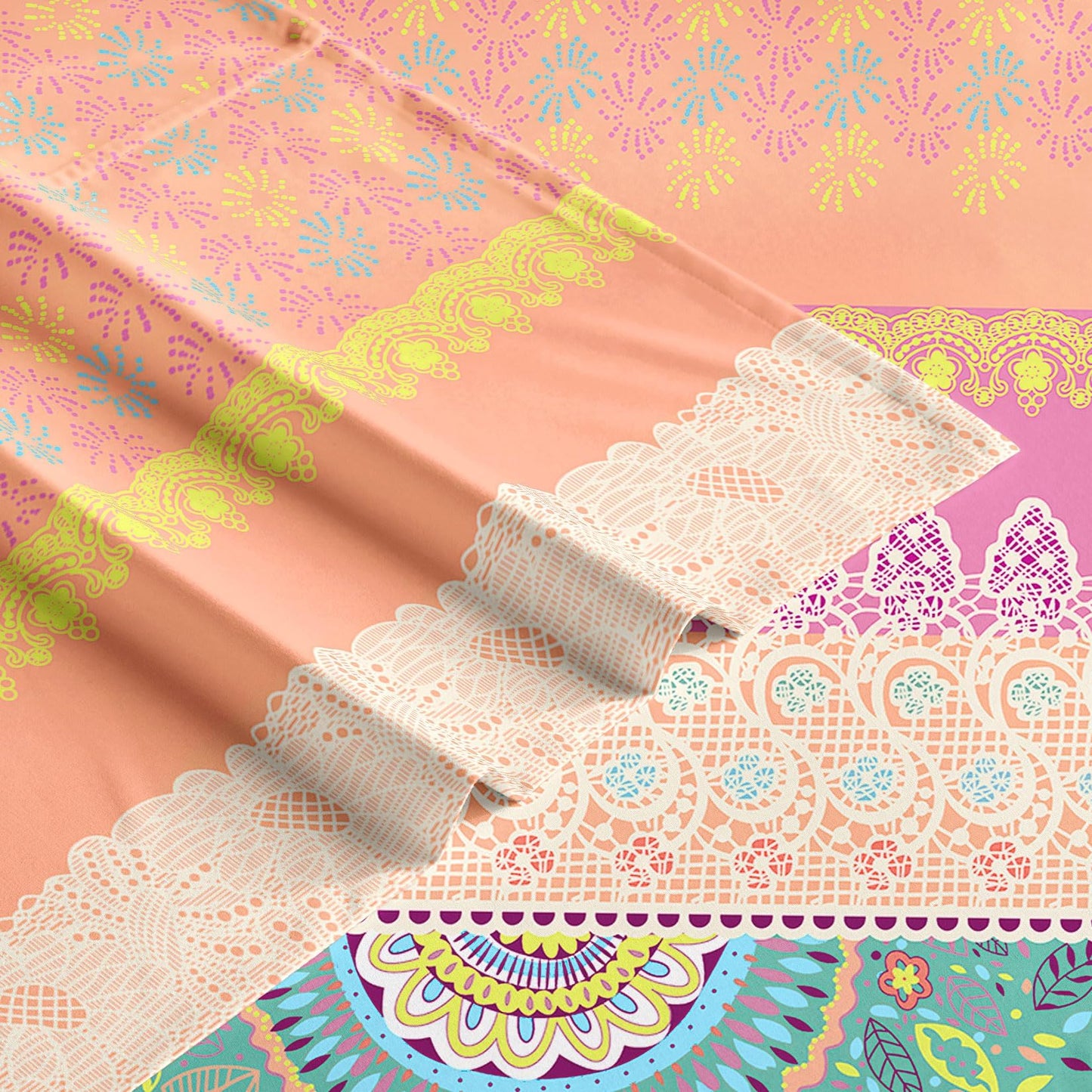 Wake In Cloud - Boho Bed Sheets, 4-Piece Sheet Set, Bohemian Chic Medallion Colorful Hippie Aesthetic Bedding, Deep Pocket, Orange Green, King Size