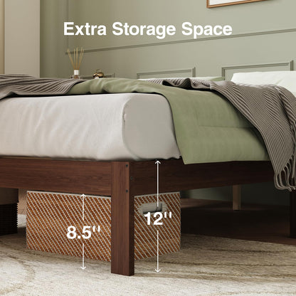 Novilla 12 Inch Wooden Queen Bed Frame, Classic Solid Wood Platform Bed Frame Queen Size, Sturdy Wood Slat Support, No Box Spring Needed, Easy Assembly, Walnut