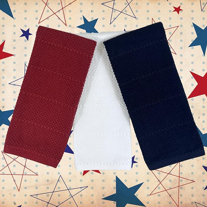 Patriotic Red White Navy Blue Kitchen Hand Dish Towels Oversized 28"x18"