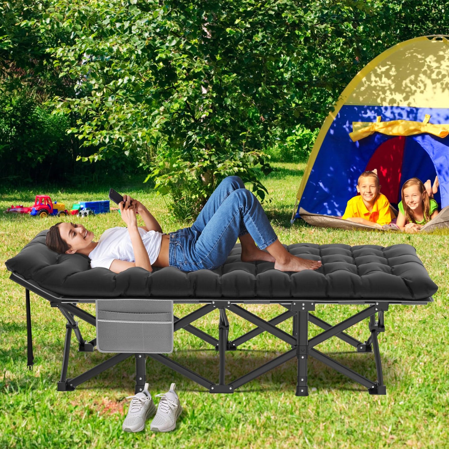 ZENPETIO Oversized XXL Folding Camping Cot, Heavy Duty Sleeping Cot for Adults with Mattress and Pillow, Portable Cot Bed with Carry Bag for Outdoor Camp Travel Home Guest Office, 78x32x18