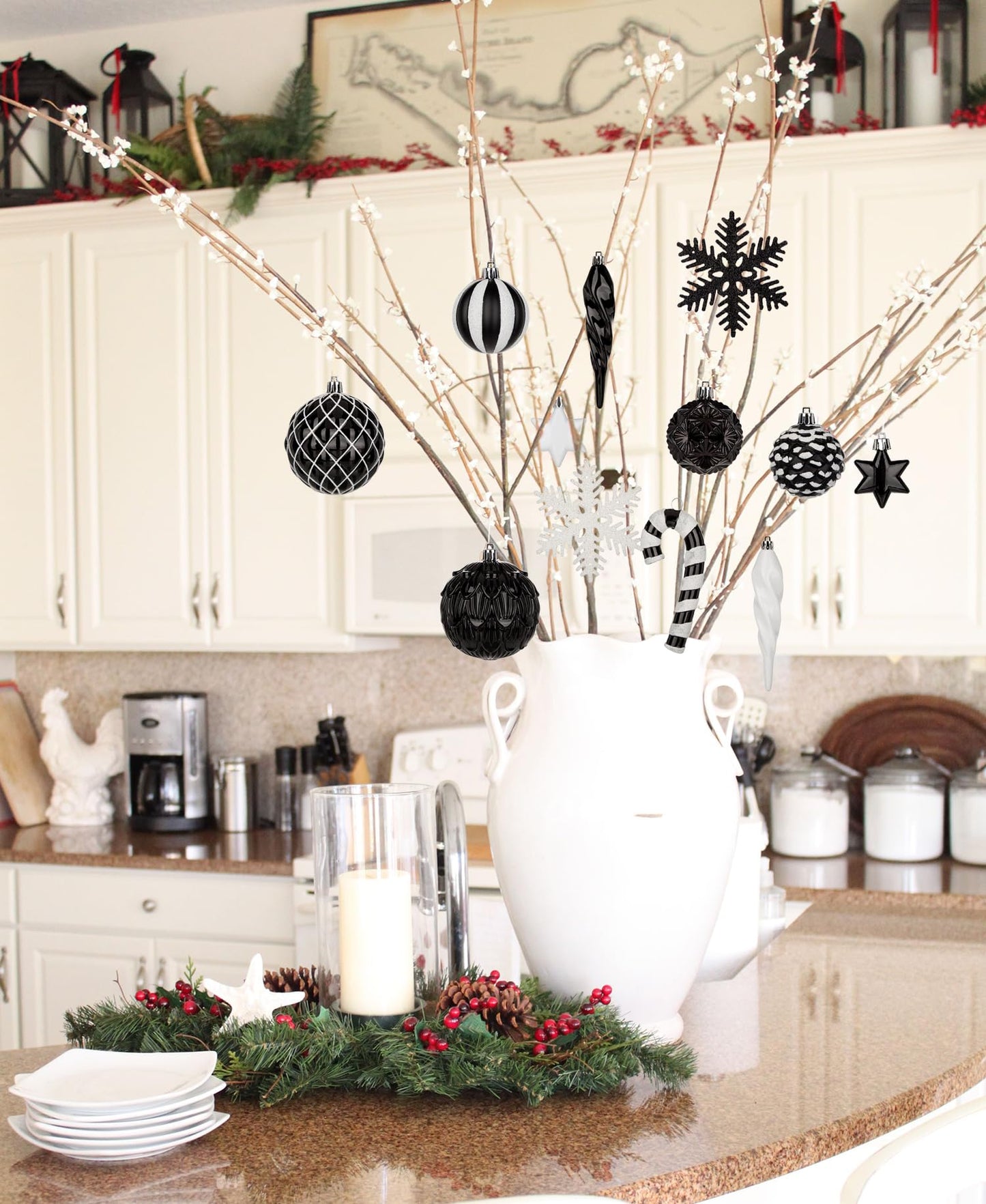 Briful 80ct Black & White Christmas Balls Ornament Set, Plastic Shatterproof Christmas Ornament Balls with Tree Topper Candy Canes Snowflakes for Xmas Tree Wreath Garland Decor