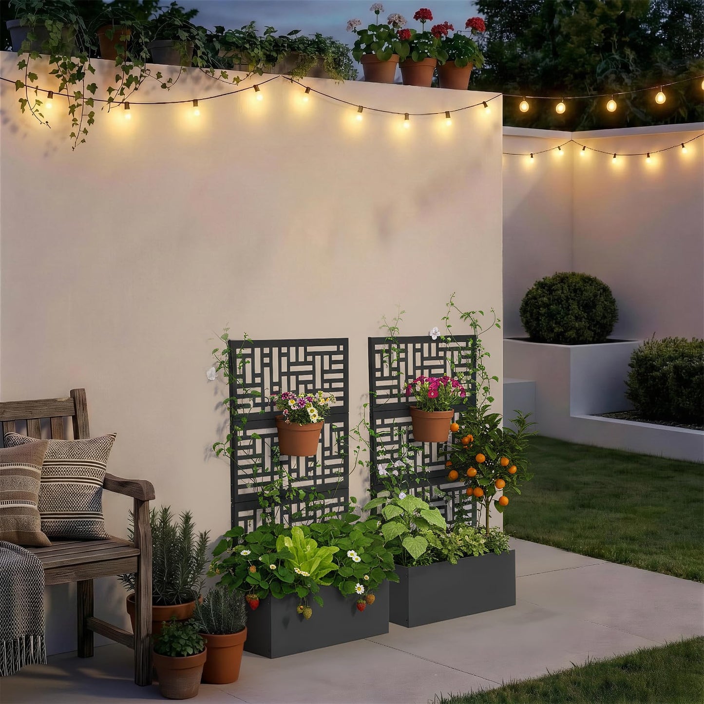VINGLI 44" H Metal Raised Garden Bed with Trellis, Outdoor Planter Box for Climbing Vegetables, Fruits and Flowers, Privacy Screen, for Backyard, Patio, Balcony, Black (Rectangle)