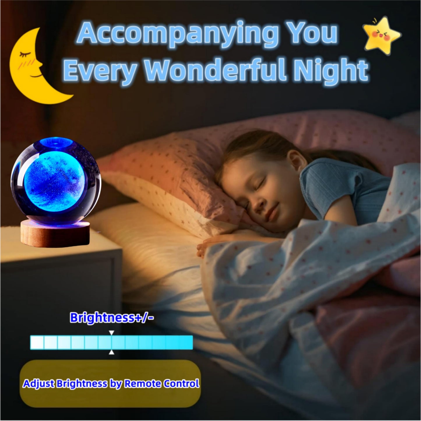 3D Moon Crystal Ball Lamp,3.15 inch Crystal Ball Night Light with Wooden Base,16 Colors Changing Light,Dimmable Remote Control,Desk lamp (F)