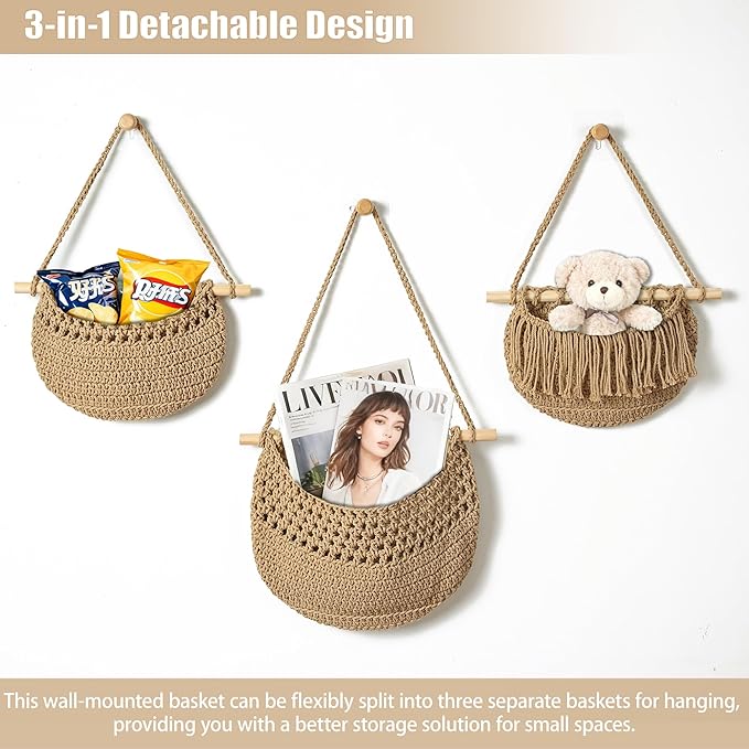 3 Tier Hanging Fruit Baskets for Kitchen, Boho Cotton Rope Handwoven Vegetable