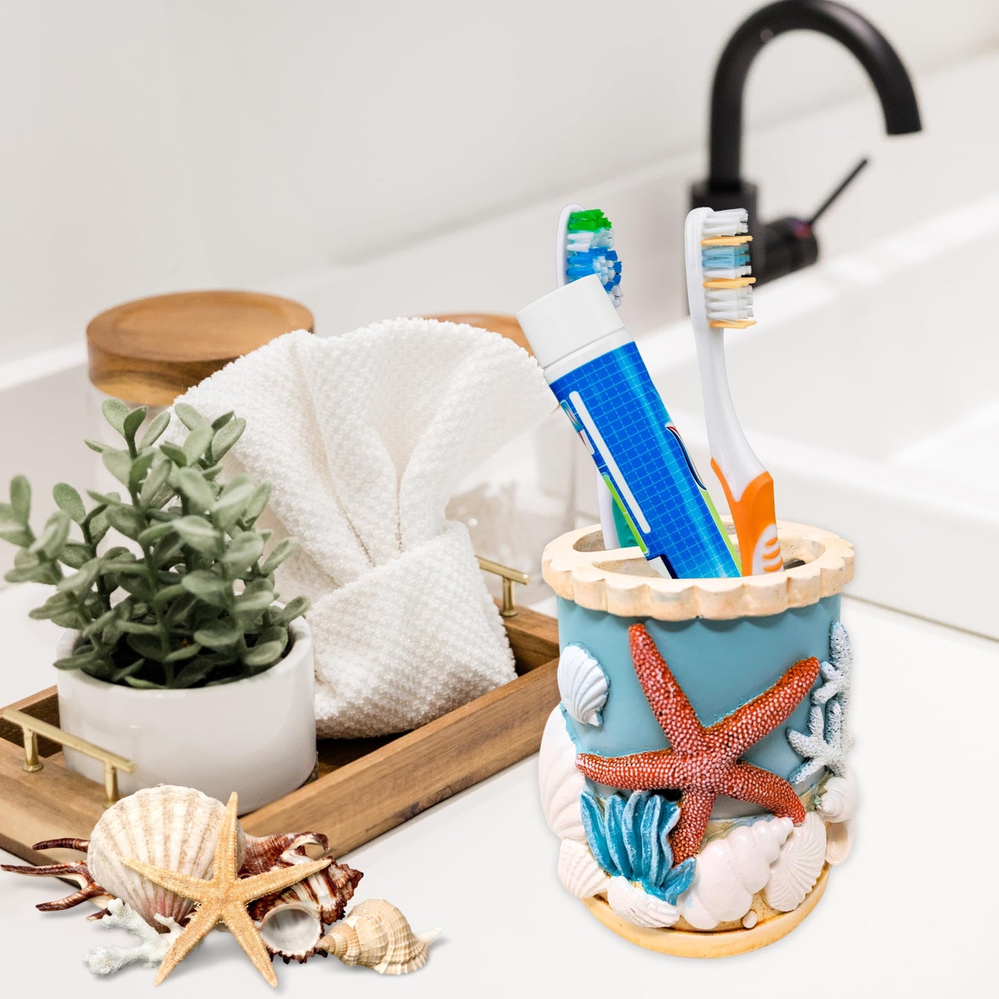 Seaside Splendor Toothbrush Holder – Beautifully Detailed 3D Ocean Elements, Seashells, Starfish, Premium Resin for Coastal Bathrooms, Guest Baths, Beach-Themed Décor, and Nautical Home Accessories