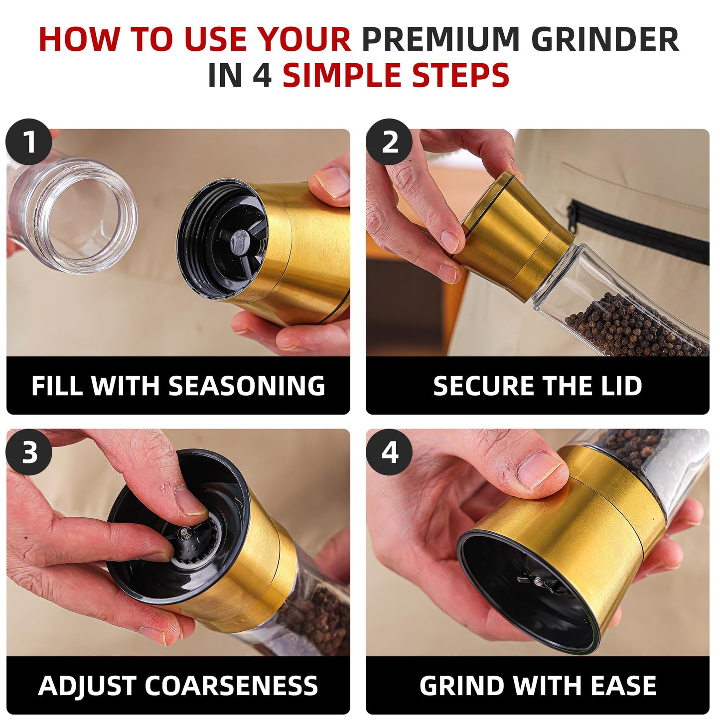 DAVIMADE Gold Salt and Pepper Grinder Set of 2-Glass Pepper Mill and Salt Shakers with Adjustable Ceramic Coarseness & Stainless Steel Lid-W/Silicone Funnel - Modern Kitchen Accessories