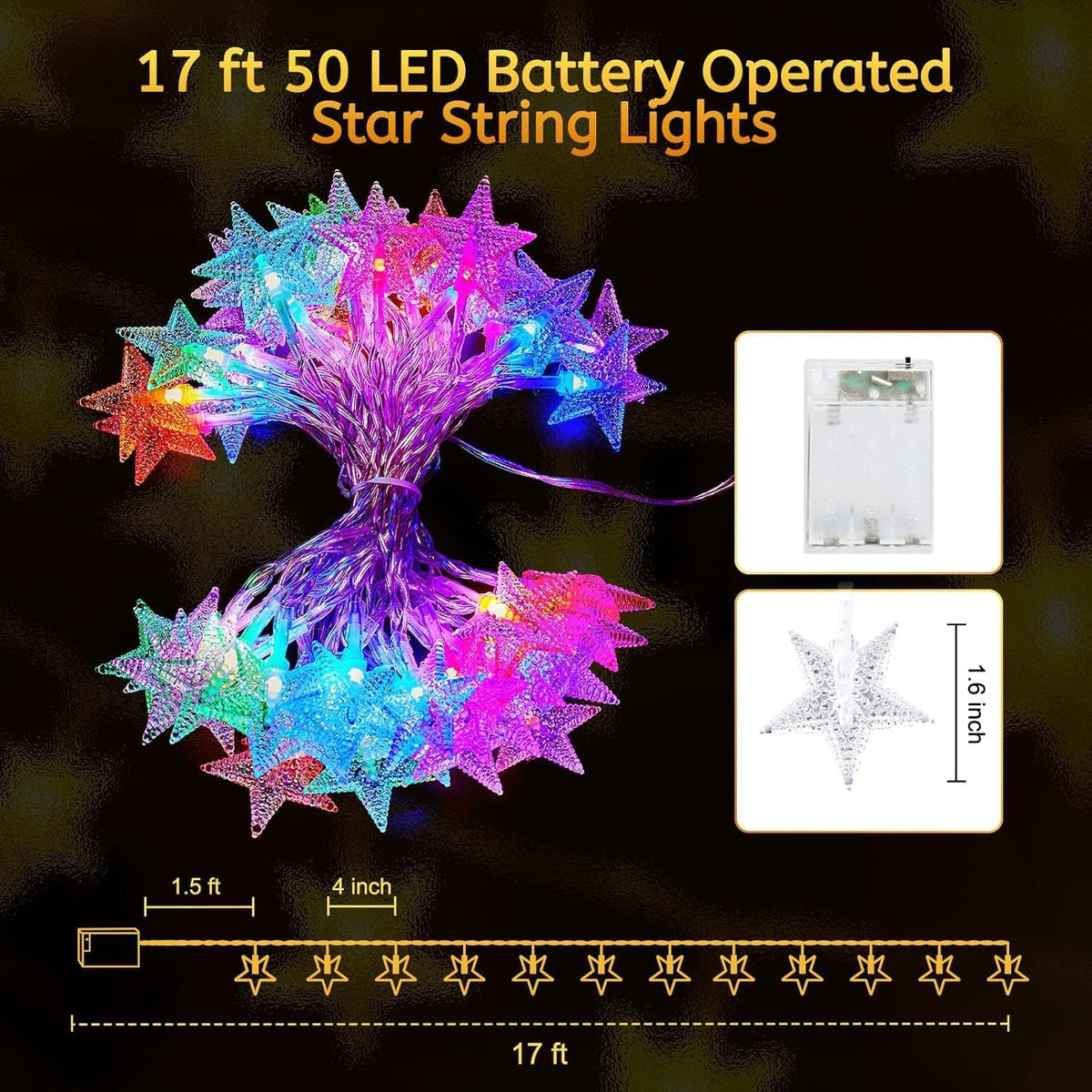Minetom Star String Lights Battery Operated - 17 ft 50 LED Color Changing Star Fairy Light with Remote and Timer, 16 Single Colors and 7 Modes Starry Lights for Bedroom Dorm Tent Bed Patio Christmas