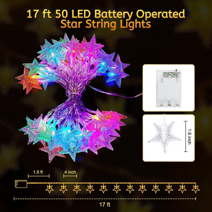 Minetom Star String Lights Battery Operated - 17 ft 50 LED Color Changing Star Fairy Light with Remote and Timer, 16 Single Colors and 7 Modes Starry Lights for Bedroom Dorm Tent Bed Patio Christmas