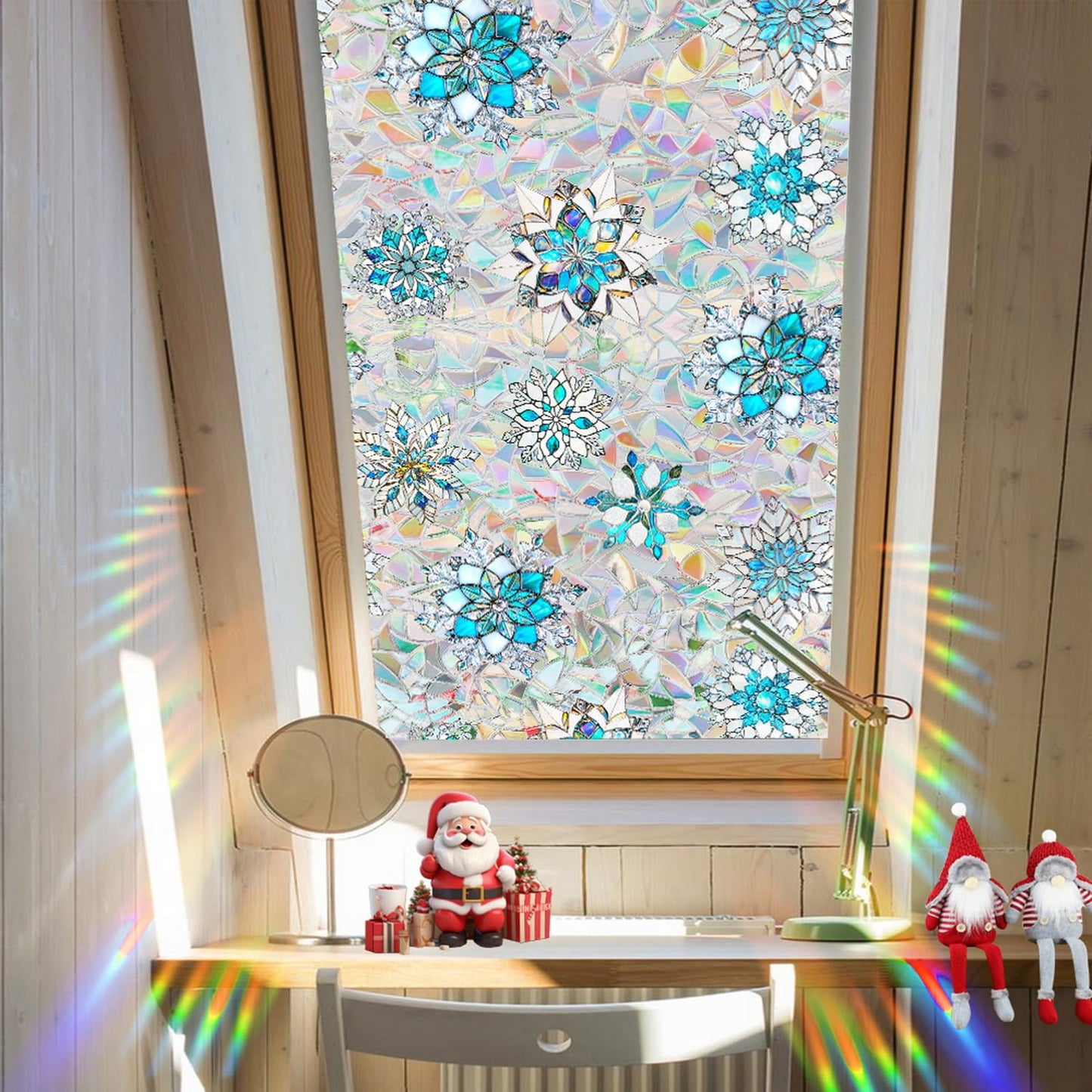 Christmas Snowflake Window Film Stained Privacy Rainbow Window Sticker Christmas Blue White Snowflake Designs Xmas Glass Decals Static Cling for Home Office School Holiday Party Decor