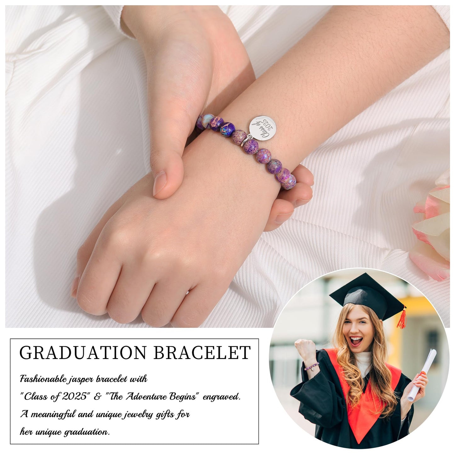 Sistble 5th Grade Graduation Gifts Cute Beaded Bracelets Inspirational Gifts for Women Friends The Adventure Begins Engraved Nature Stone Bead Graduation Jewelry for Teen Girls