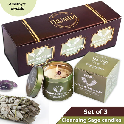 Sage Candle for Cleansing House Negative Energy - Pack of 3 x 5oz Soy Wax Natural Clean Organic Non Toxic - Aromatherapy Spiritual Meditation Gifts - Long Lasting Highly Scented Candel with Crystals