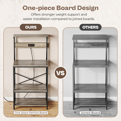 SUPERJARE Kitchen Bakers Rack with Power Outlet, Coffee Bar Table 4 Tiers, Kitchen Microwave Stand with 6 S-shaped Hooks, Storage Shelf Rack for Spices, Pots and Pans - Rustic Brown