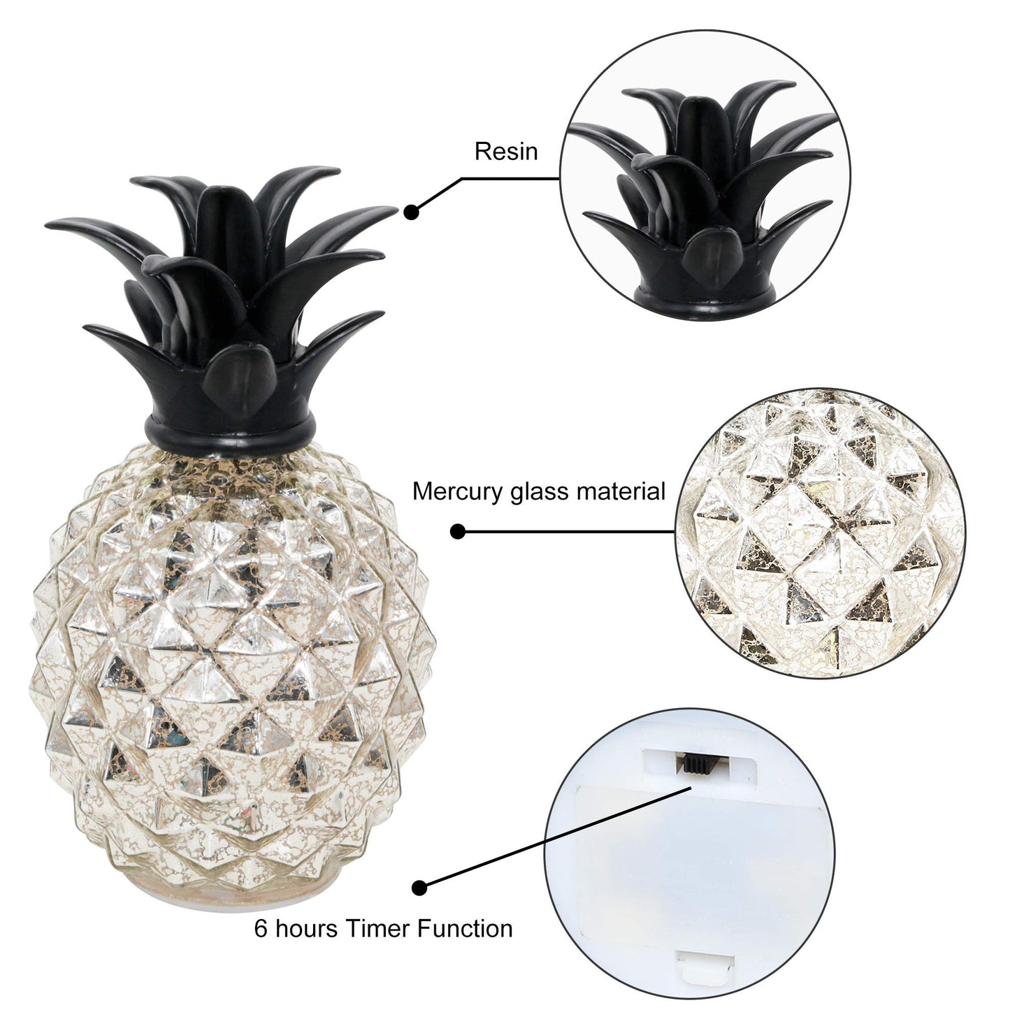 Romingo Mercury Glass Pineapple Lamp 9 Inch Batteries Operated Night Light with Timer for Living Bed Room, Women's Gift for Wife Girl Friend Silver