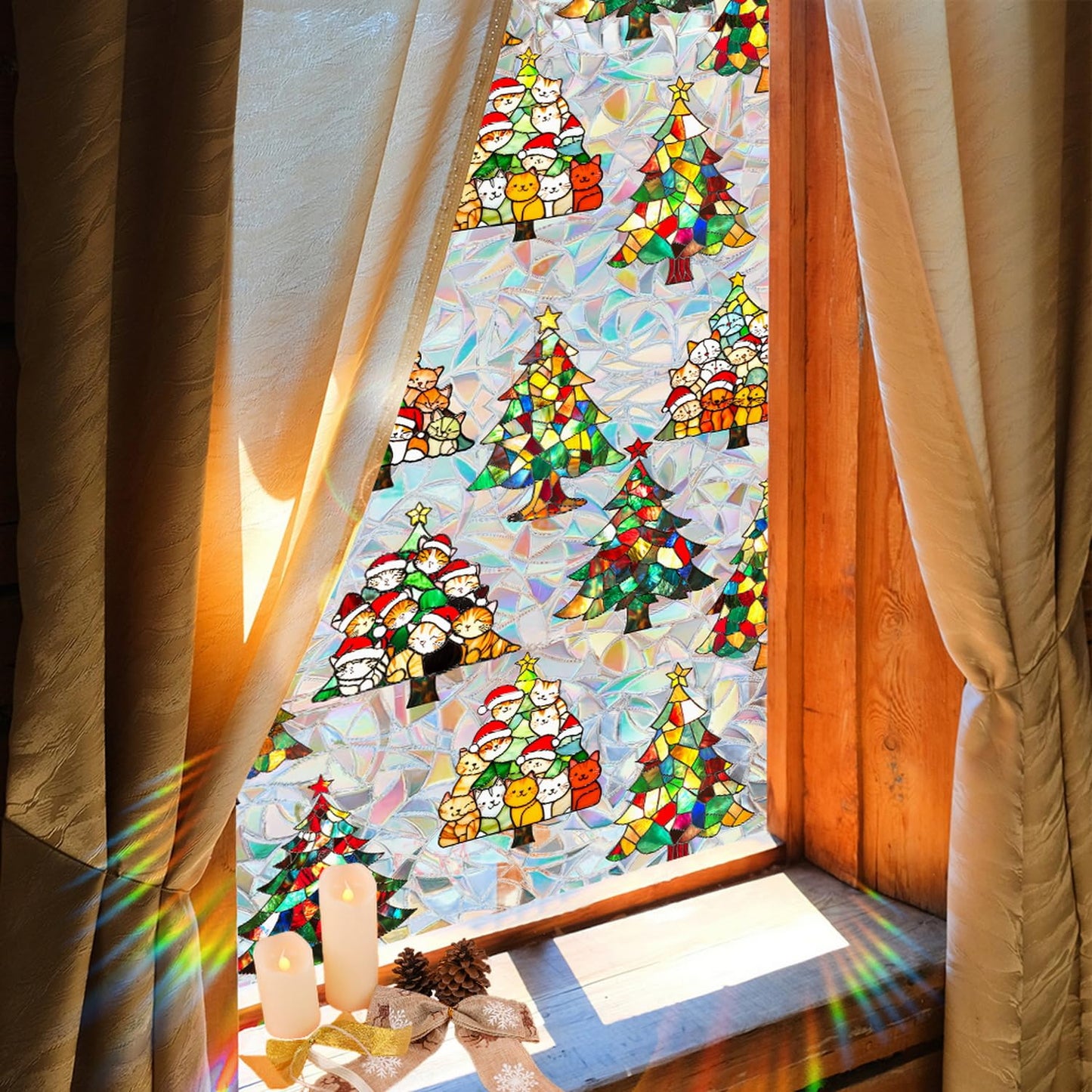 Christmas Window Privacy Film Cartoon Cute Animal Window Clings Decoration Privacy Stained Christmas Tree Glass Stickers for Winter and Christmas Party Glass Decor Supplies 17x 39.3 Inch