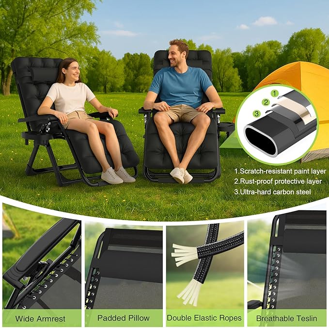 Suteck Zero Gravity Chair, Reclining Camping Lounge Chair w/Removable Cushion, Upgraded Lock and Cup Holder, Reclining Patio Chairs Folding Recliner for Indoor and Outdoor