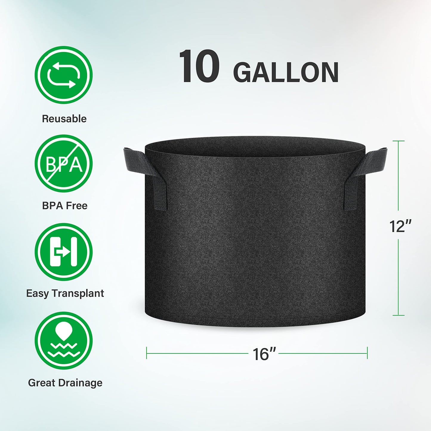 YSSOA 5-Pack 10 Gallon Grow Bags, Aeration Nonwoven Fabric Plant Pots with Handles, Heavy Duty Gardening Planter for Potato, Tomato, Vegetable and Fruits, Black