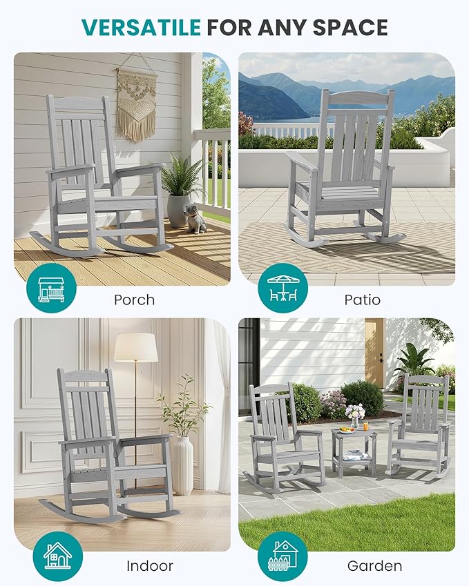 SERWALL HDPE Outdoor Rocking Chair Set of 4, Oversized Patio Rocking Chairs, All-Weather Porch Rockers for Adults, Light Gray