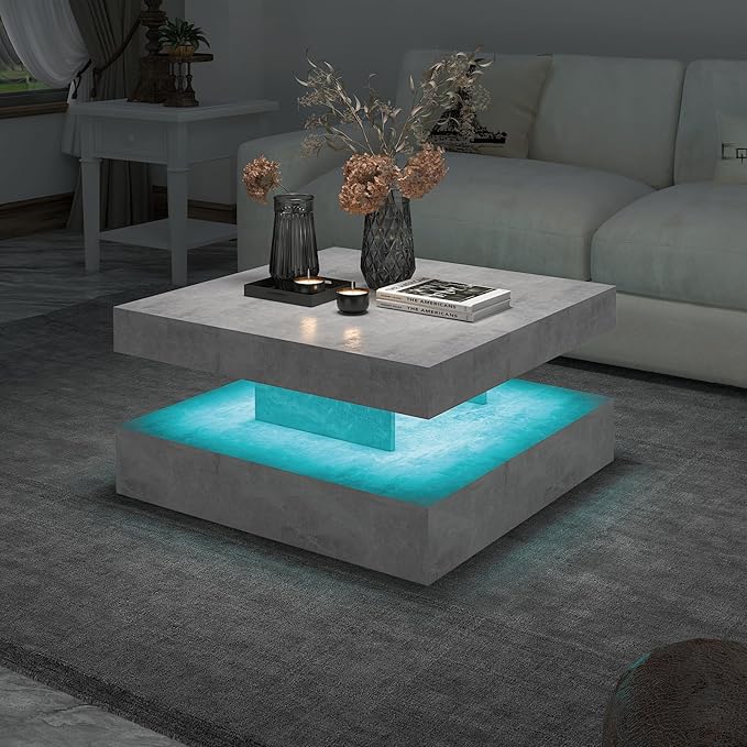 HedoAjim Grey LED Coffee Table for Living Room, Living Room Table 2-Tier Square