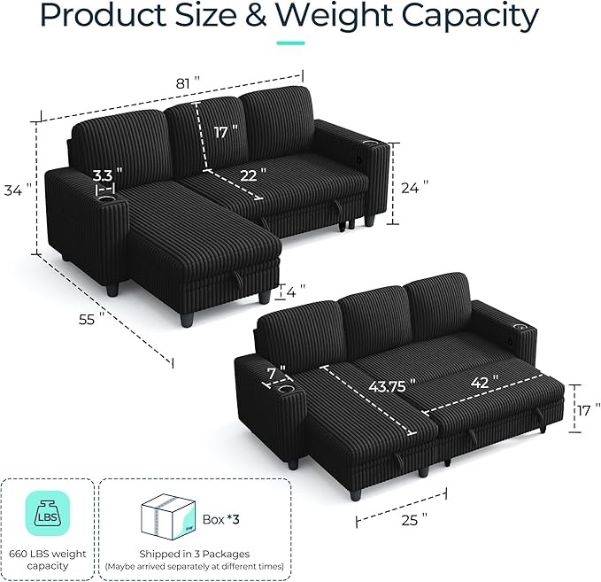LINSY HOME Sectional Sleeper Sofa