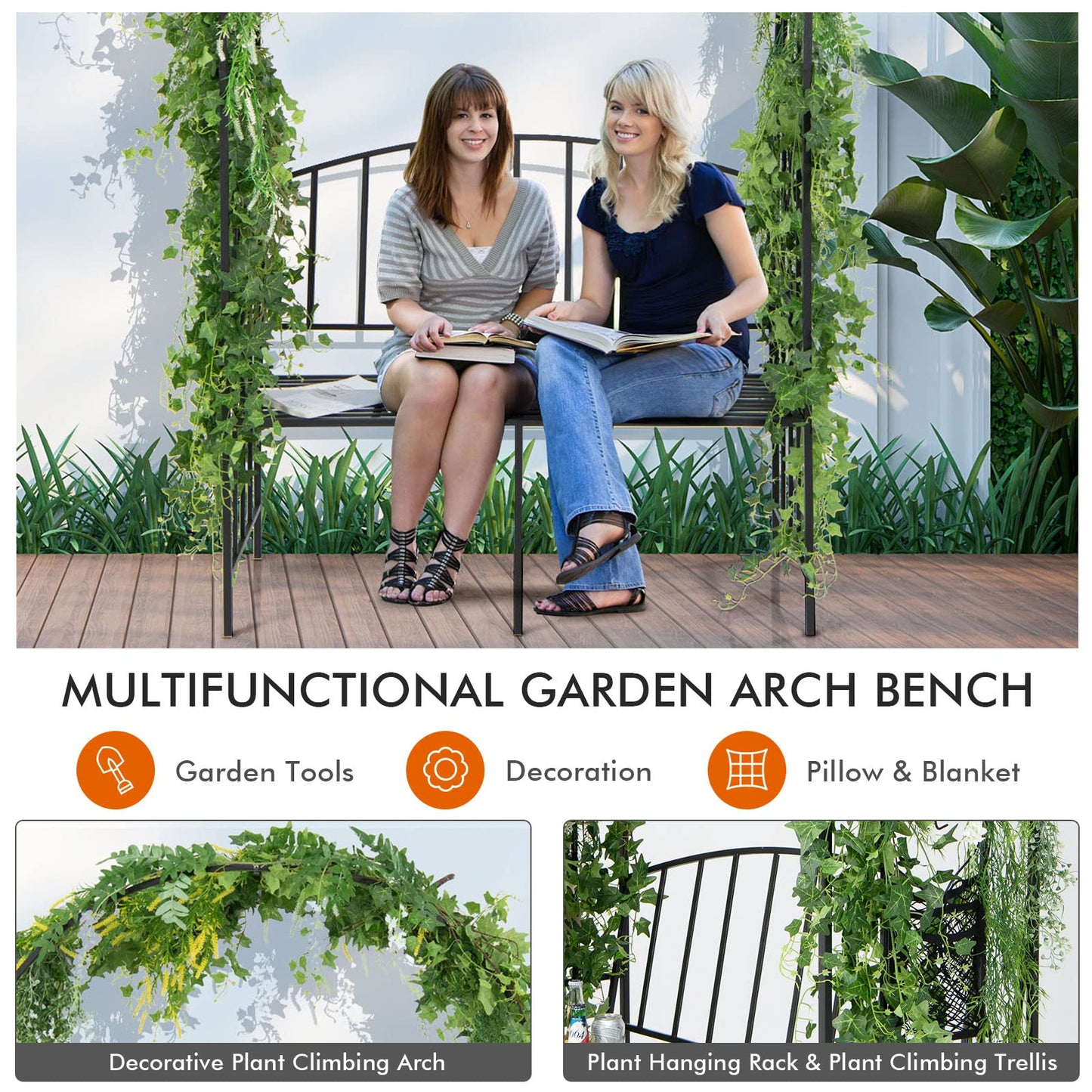 Moccha Metal Garden Arch with Bench, Outdoor Pergola Trellis Archway for Climbing Plant Roses Vines, 2-Person Garden Arbor with Seat for Backyard Weeding Party Ceremony, 81” x 45.5'' x 20'', Black