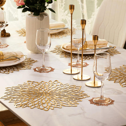 Snowkingdom Pack of 8 Gold Metallic Round Placemats Bulk Round Pressed Vinyl Leaf Dinning Kitchen Table Mats Decoration for Christmas Wedding Thanksgiving Party