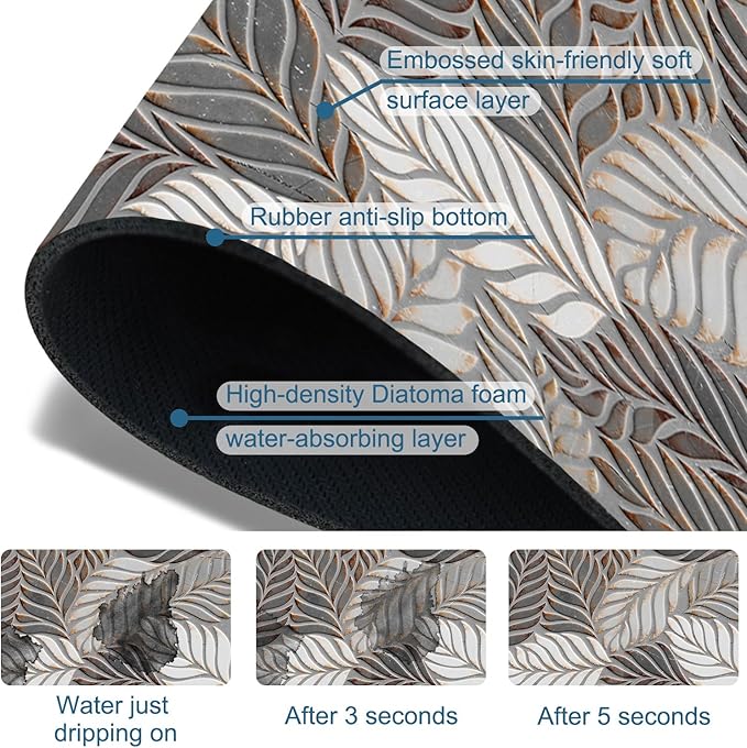 Embossed Leaf Texture Sink Splash Guard Grey Leaf Faucet Absorbing Mat Fast