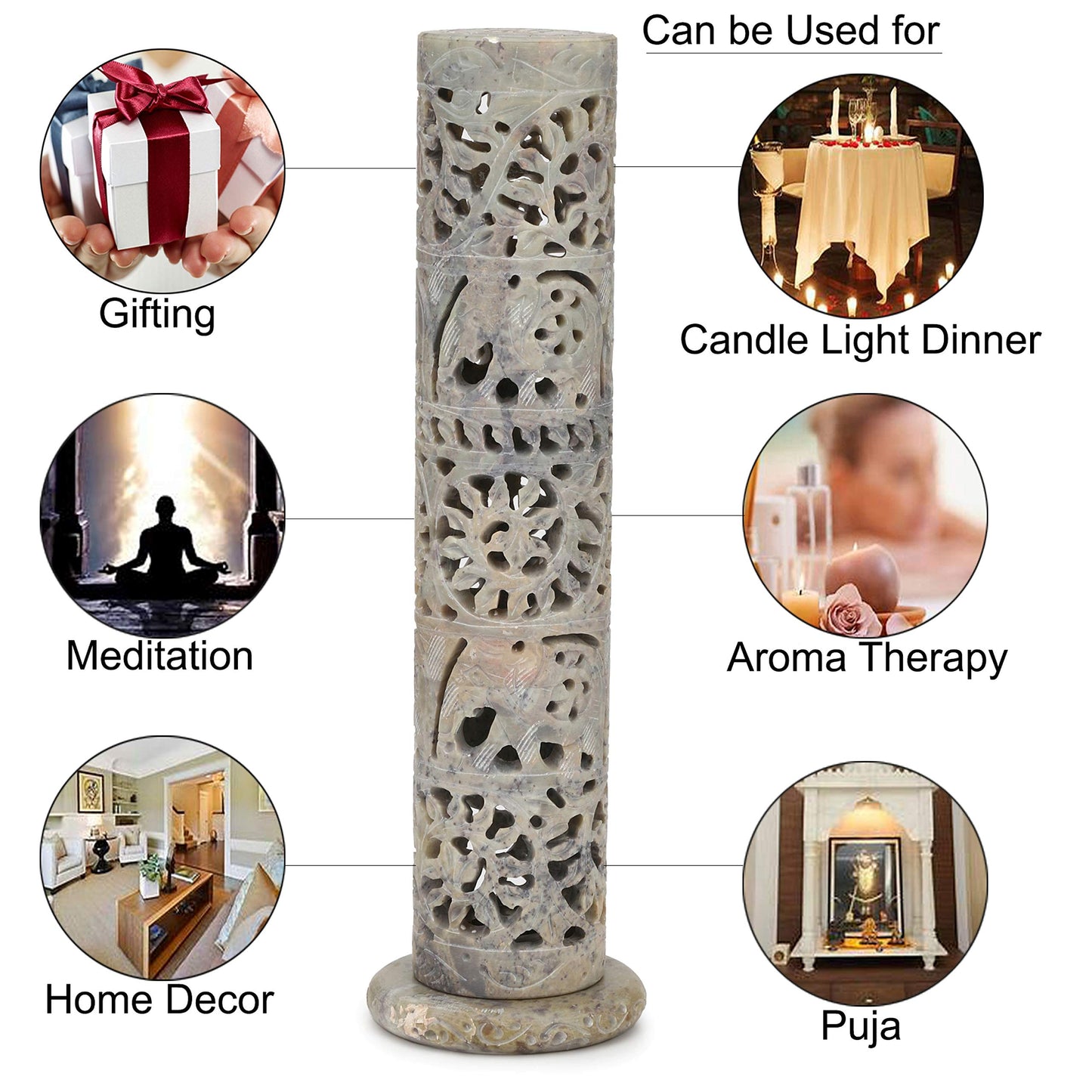 Carry Me Marble Soapstone Incense Stick Holder | Candle Burner | Tea Light Holder - Perfect Handmade Elephant Carving for Gifting. Decorative Home and Office Decor.(3 x 3 x 10.5 Inches)