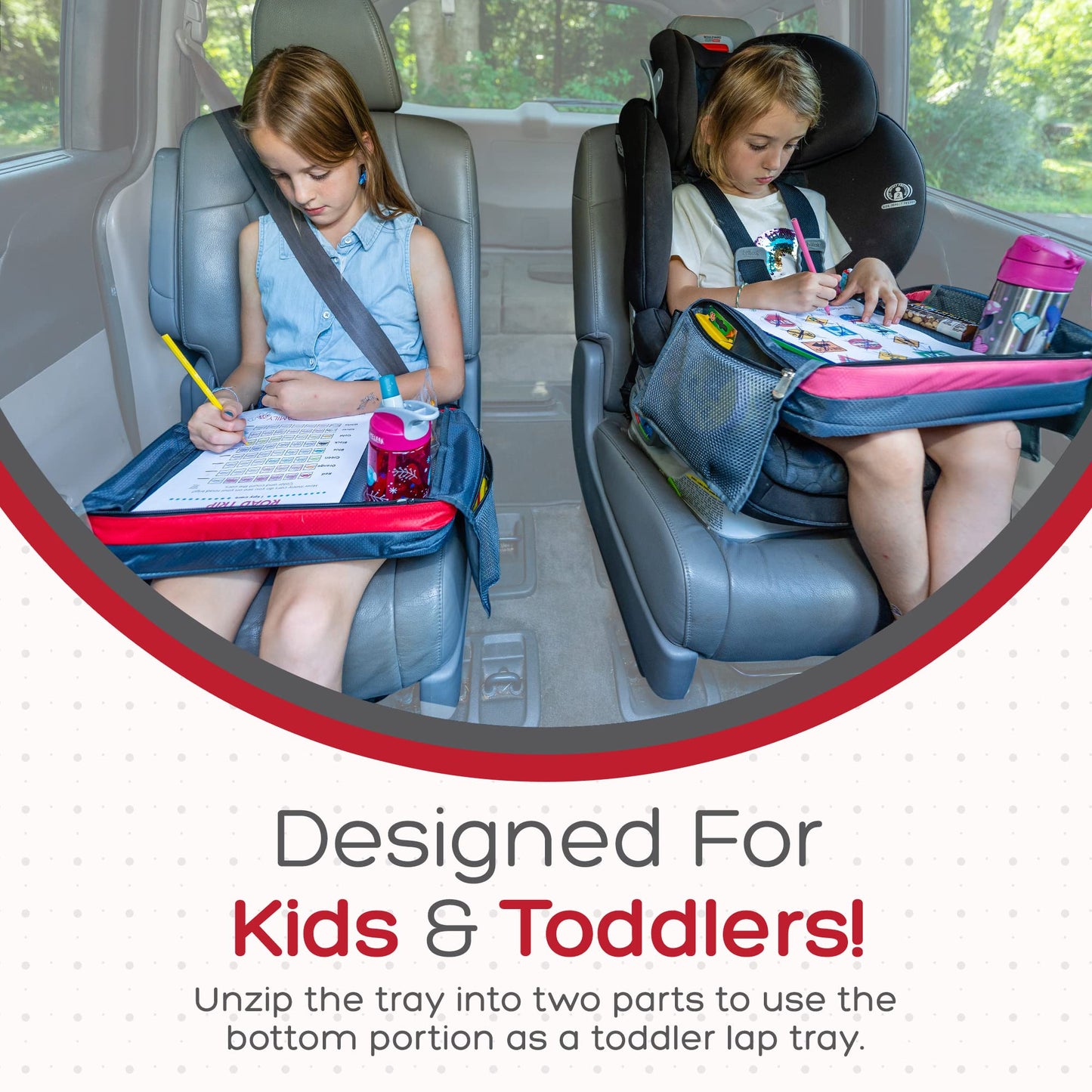 BE Family Travel Kids Car Seat Travel Tray, Car Accessories for Children, Car Seat Snack Tray, Traveling Essentials for Kids, Toddler Lap Tray for Engaging Activities, Multipurpose Design, Red