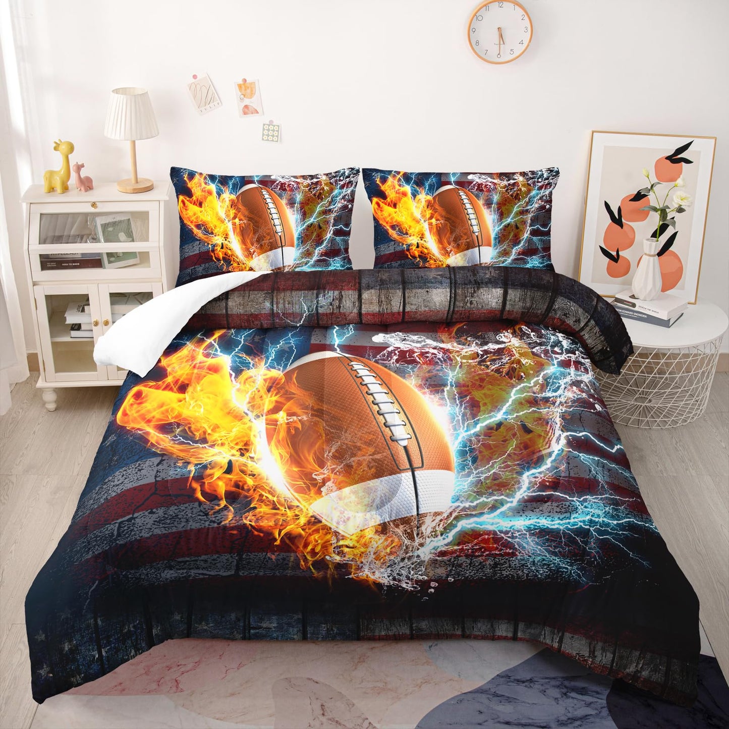 Nttopship Football Comforter Sets King Size, Bedding Sets 3PCS for Kids,US Flag and Fire Football Bedding Sets Sets All Season 1 Comforter and 2 Pillowcases